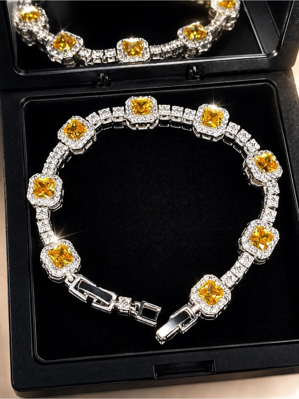 Yellow Gemstone Halo Tennis Necklace -